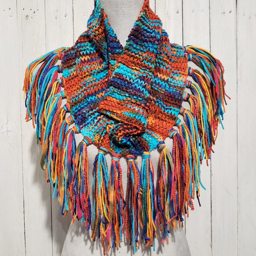 NEW Hand Knitted‎ Colorful Women's Boho Cowl Scarf Fringe Artsy Hippie Indie Mod
